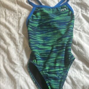TYR Blue Green One Piece Swimsuit Athletic Cut girls sz 24